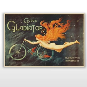 Poster arte da parete bicicletta francese Gladiator Cycles, donna nuda volante, Art Nouveau - Foto 1 di 16