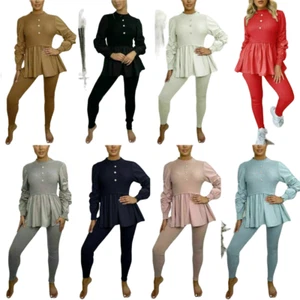 Women's Ladies Fine Ribbed Peplum Frill Button Loungewear Contrast Tracksuit Set - Picture 1 of 9