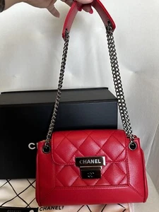 CHANEL Rare Red Accordion Flap Caviar vintage Bag Gunmetal Black Hardware - Picture 1 of 10
