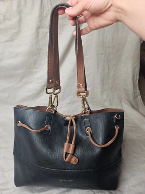 Calvin Klein Tote Satchel Handbag Reversible Black Brown Leather Drawstring Bag - Image 1 of 4