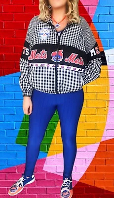 Women’s New York Mets gingham panel drop shoulder coat- “LFGM” theme - Image 1 of 4