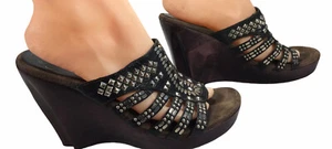 Calleen Cordero High Wedge Sandal Leather Wood Metallic  Studs US8 Made In USA - Picture 1 of 5