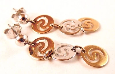 100% Genuine 9k Solid Yellow and White Gold 3 Disc Dangling Earrings - Image 1 of 4