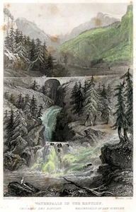 1840 Steel Engraving WATERFALL ROFFLEN RHINE RIVER hand colored vintage print - Picture 1 of 3
