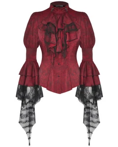 Dark In Love Womens Romantic Gothic Lolita Blouse Top & Cravat Set - Red & Black - Picture 1 of 13
