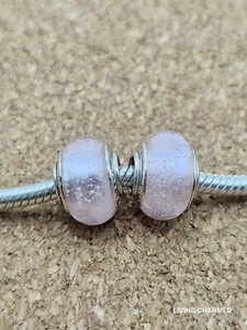 2 X Authentic Sterling Silver Shimmering Pink Glass Murano Charm Bead Lot - Picture 1 of 4