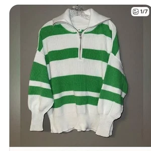 Suéter Aerie Grande Verde Blanco Rayas Cuello Cuarto Cremallera XS - Imagen 1 de 1