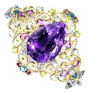 925 Sterling Silver Bangle Pear Amethyst 60ct Topaz Handmade Gemstone Jewelry - Picture 1 of 14