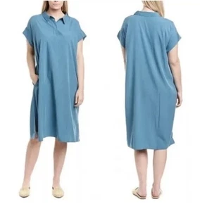 Eileen Fisher 1X Plus Kragen Polo Etuikleid sandwashed Tencel blau Taschen - Bild 1 von 9