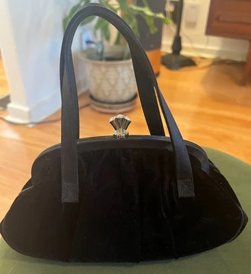 Vintage Black Velvet Evening Bag with Rhinestone Fan Clasp - Image 1 of 4