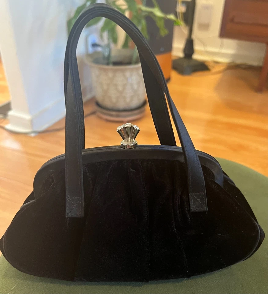 Vintage Black Velvet Evening Bag with Rhinestone Fan Clasp - Image 1 of 4