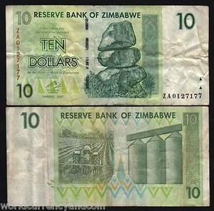 ZIMBABWE 10 DOLLARS P-67 2007 REPLACEMENT ZA PREFIX TRACTOR MONEY BANK NOTE - Picture 1 of 1