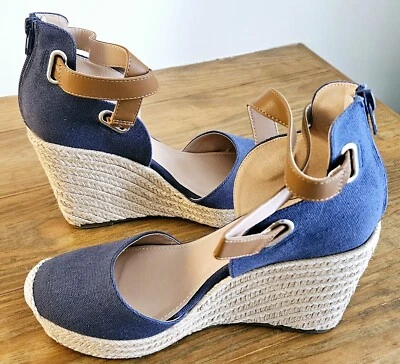 Navy Blue Canvas Wedge Espadrille Sandals Ankle Strap Women's 9 - Image 1 of 4