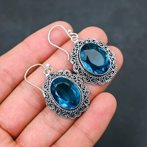 London Blue Topaz Gemstone 925 Silver Drop Dangle Handmade Jewelry Earring Gift - Picture 1 of 5