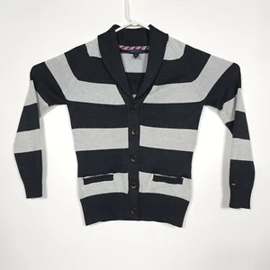 Cardigan Tommy Hilfiger donna S nero grigio righe larghe bottoni grossi collo cappuccio - Foto 1 di 5