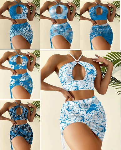 Detroit Lions 2 Piece Halter Neck Bikini Set Slim Cutout Swimsuit Sexy Bodycon Cover