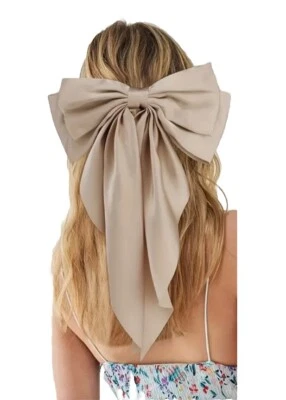 Taupe Khaki Satin Stylish Bow Bow Big Ribbon Hair Clip All Hair Types Non Slip - Image 1 of 4