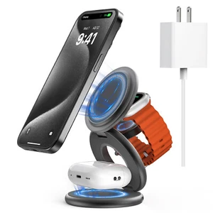 KUXIU X63 3-In-1 Foldable Magnetic Wireless iPhone 16/15 iWatch 9 Charger &Stand - Photo 1 sur 24