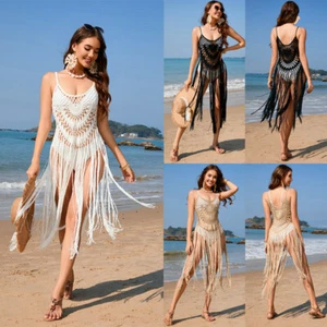 Women's Fringed Crochets Knit Cover UP Beach Mini Dresses Summer Bikini Swimwear - Picture 1 of 24