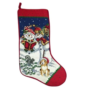 Vintage Christmas Stocking C&F Enterprises Wool Needlepoint Red Snowman Dog - Picture 1 of 5