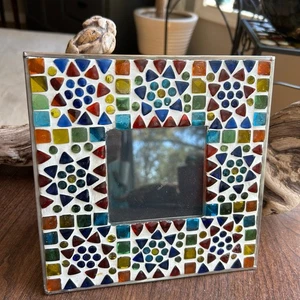 Mosaic Glass Tile Picture Frame Holds 3.5” Square Photo Freestanding Easel Back - Picture 1 of 9
