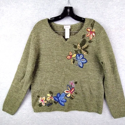 Antigo Suéter Feminino Koret M Verde Floral Bordado Arte Para Usar Cabincore Aconchegante - Imagem 1 de 4