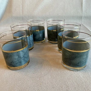 Culver Blue Marbled Lowball Glass w/Gold Trim Made In USA 4” Tall - Picture 1 of 12
