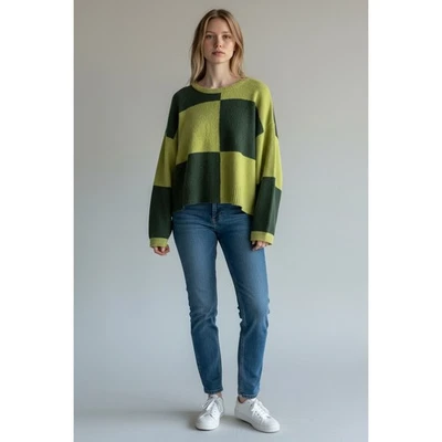 Suéter Doble Cero Tejido Bloque de Color Recortado Gran Tamaño Gorpcore Abuela Mediano Foto 1 de 4