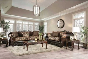 NEW Traditional Living Room Brown Wood Trim & Fabric Sofa Couch Loveseat Set RD5 - Picture 1 of 3