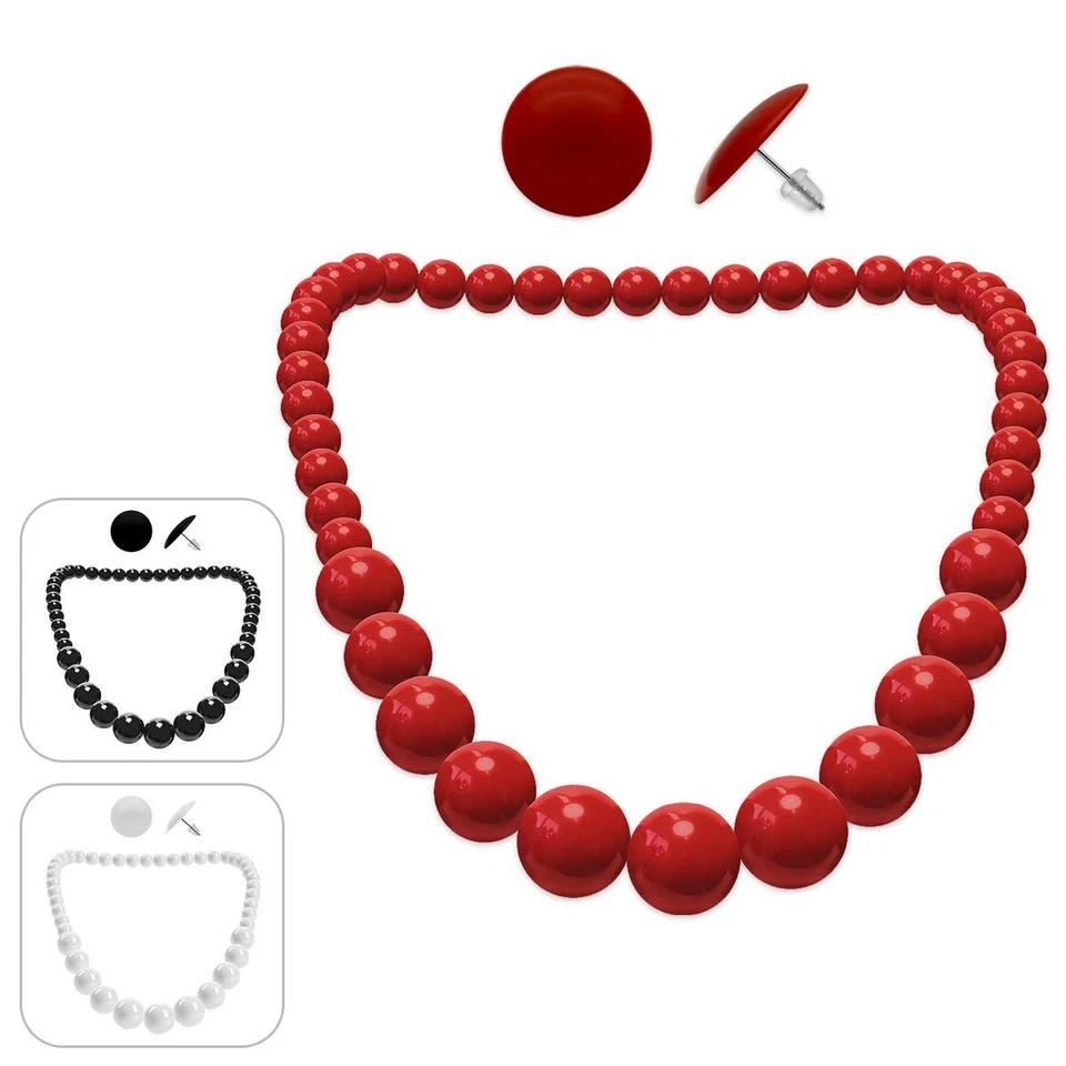 Perlenkette + runde Ohrstecker rot schwarz weiß Rockabilly Rockabella 50er SET - Bild 1 von 1