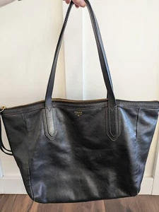 Fossil Sydney Shopper Black Leather Tote Bag Purse Zip Large - Picture 1 of 13