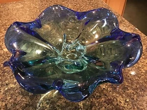 Large Heavy Art Glass Hand Blown Bowl, Blue and Green and Gorgeous, PRISTINE - Picture 1 of 7