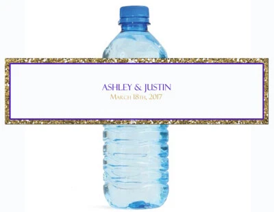 Gold Glitter & Purple Wedding Anniversary Engagement Party Water Bottle labels - Image 1 of 4