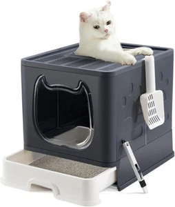 Cat Litter Tray Litter Box with Lid Foldable Top Entry with Drawer and Scoop - Picture 1 of 6