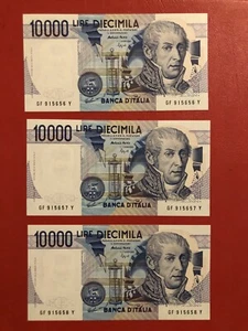 3 Banconote lire DIECIMILA 1984 FDS Banconota 10000 Rara Serie Consecutiva - Foto 1 di 4