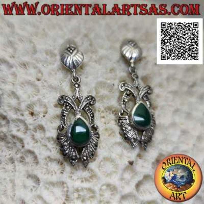 Orecchini Argento 925‰ agata verde a goccia su montatura traforata tempestata di - Immagine 1 di 4