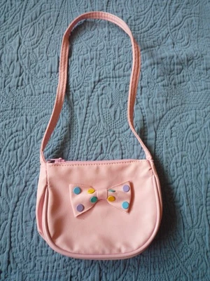 Little Girl's or Doll's Pink Vinyl Zippered Shoulder Strap Purse Polka-Dot Bow - Image 1 of 4
