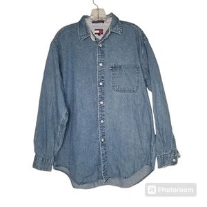 VTG 90s Tommy Hilfiger Jeans Mens Denim Shirt Medium Button-Up Long Sleeve Y2K - Picture 1 of 8