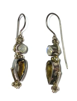 Pendientes de gancho de plata de ley Sajen de cuarzo ahumado piedra lunar 41 mm x 9 mm Foto 1 de 4