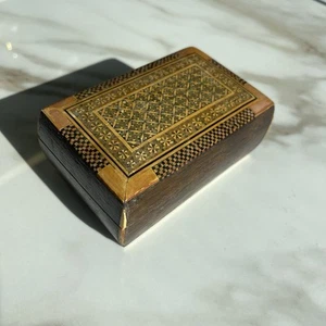 Antique Egyptian Wood Inlay Abalone Pearl Storage Box 5 x 2.75 in - Picture 1 of 9