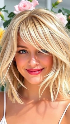 Pelucas onduladas cortas de cabello humano rubio dorado corte en capas con flequillo sin encaje 150 % Foto 1 de 4