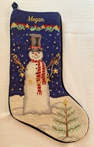 Land's End Needlepoint Christmas Stocking Megan Navy Blue Snowman Winter Wool - Picture 1 of 22
