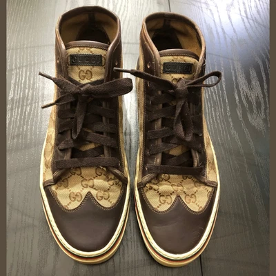 Gucci GG Wingtip Canvas High Top Sneakers Beige Brown 163236 9G Men’s US 10 - Image 1 of 4