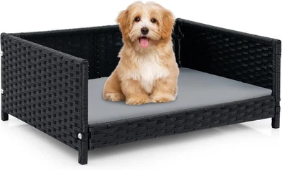 Cama de mimbre para perros, sofá cama de ratán tejido elevado para mascotas con C impermeable y lavable Foto 1 de 4