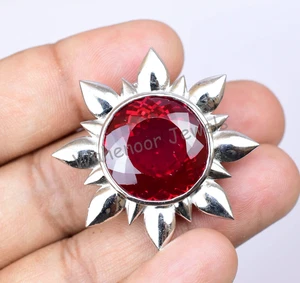 32Ct Lab-Grown Blood Red Ruby 925 Sterling Silver Sunrise Pendant AGL Certified - Picture 1 of 12