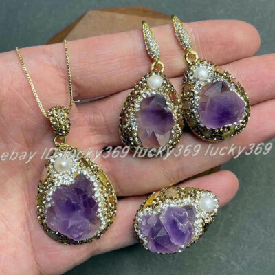 Juego de Pendientes + Anillo + Colgante Collar Colgante Gemas Turquesa Aguamarina Cristal Amatista Foto 1 de 4