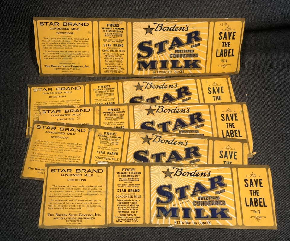 CINCO latas de leche condensadas endulzadas marca Borden's Star de colección etiqueta dorada usadas Foto 1 de 1