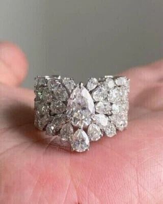 Anillo de boda de eternidad completa de diamantes simulados con pera de 4 quilates de plata de ley blanca real Foto 1 de 4