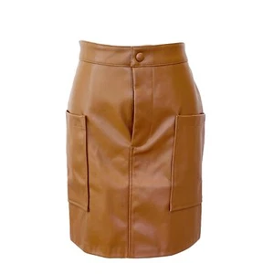 BB Dakota Steve Madden Brown Faux Leather Mini Skirt Two Pocket Caramel Cafe - Picture 1 of 10