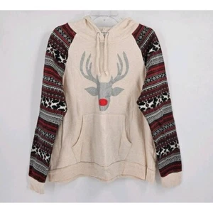 Red Noise Reindeer Women L Pull-on Hooded Sweatshirt Beige w/Holiday Print - Picture 1 of 4